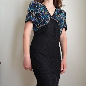 vintage 1960s beaded and sequins blue, black, & white v neck short sleeve dress